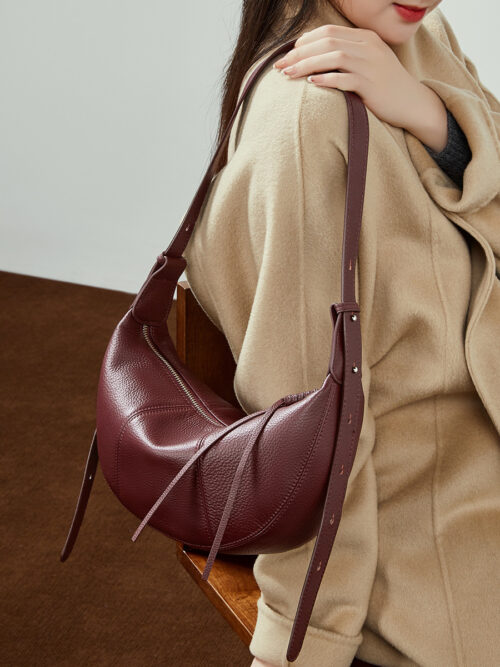 New Arrival: Top-Grain Cowhide Horn-Shaped Crossbody Bag / Dumpling-Shaped Bag – Niche, Practical, Solid-Color Soft Leather Shoulder Bag for Women